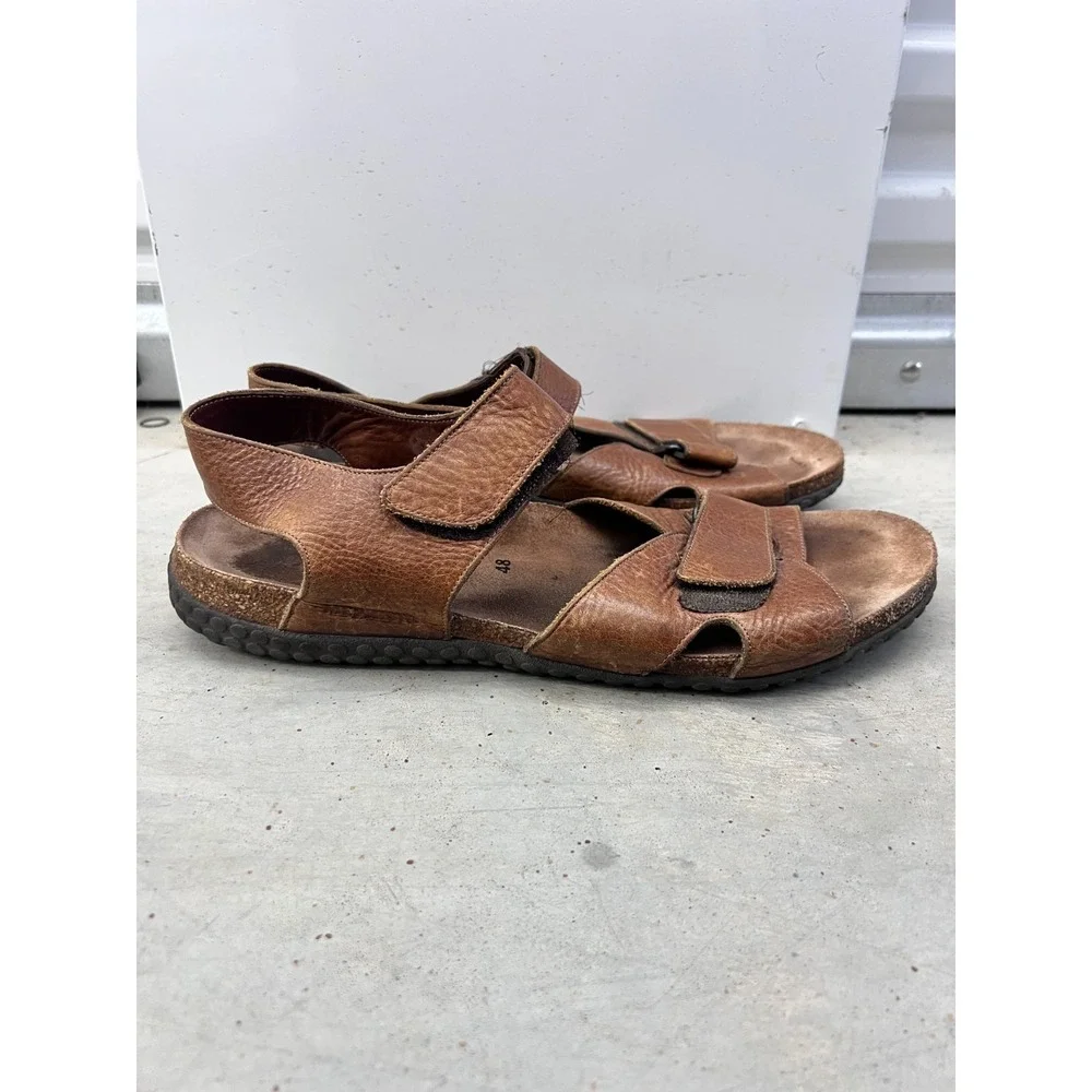 Mephisto Sandals Mens EU 48 Chestnut Leather Open Toe Hook & Loop Ankle Strap
